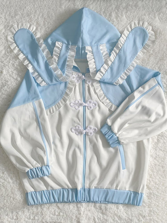 Tenshi Kaiwai Jirai Kei Blue Bunny Ear Hood Zip Closure Hoodie