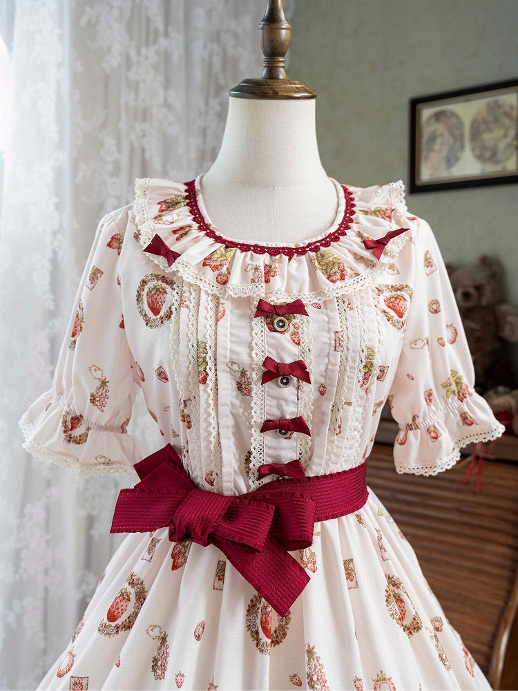 Strawberry Print Pink House Beige Short Sleeves Lolita Dress