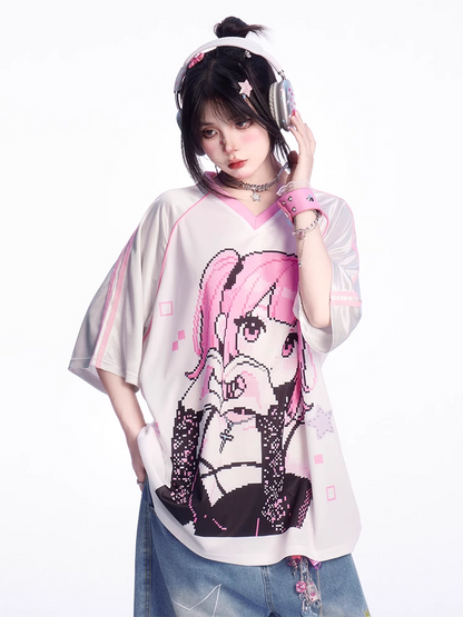 Rosa lockeres T-Shirt mit V-Ausschnitt und Cartoon-Mädchen-Print