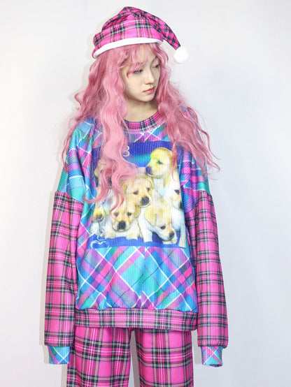 Pink Gyaru Oversized Sweatshirt With Plaid Pattern And Puppy Print Fashion and Blue