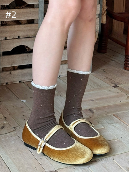 Polka-dot Pattern Ruffled Cuff Calf Socks