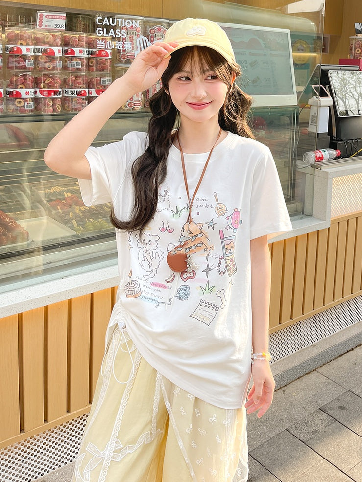 Version T-Shirt Beige Adorable Fox Print Long/Short