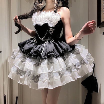Balletcore Black Halter Dress Neck White Princess and Lolita
