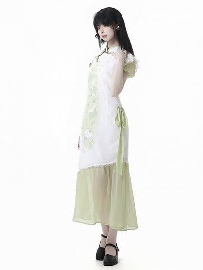Banded Dress Qipao Collar Apple Print Cheongsam Style Buttons Green Knot