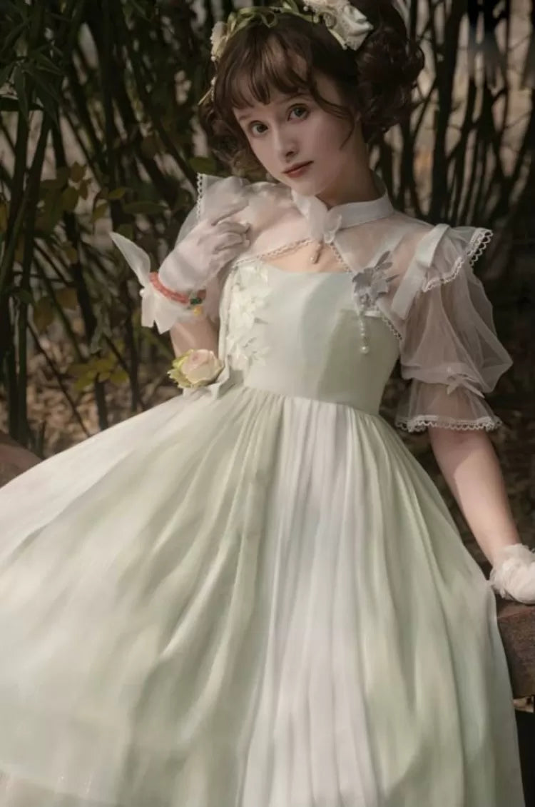 Banded Green Floral Embroidery Top Dress White Collar +