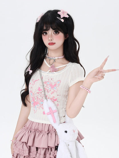 Butterfly Print Cropped T-Shirt Black/Apricot