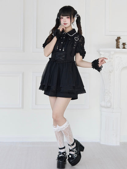 Jirai Kei – Schwarz/Weiße Bluse mit kurzen Ärmeln und Perlenkragen