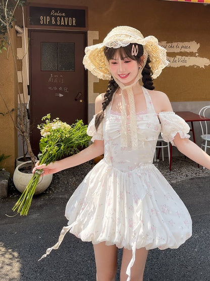Waist Sweet White Puff Sleeves Basque Halter Neck Floral Dress