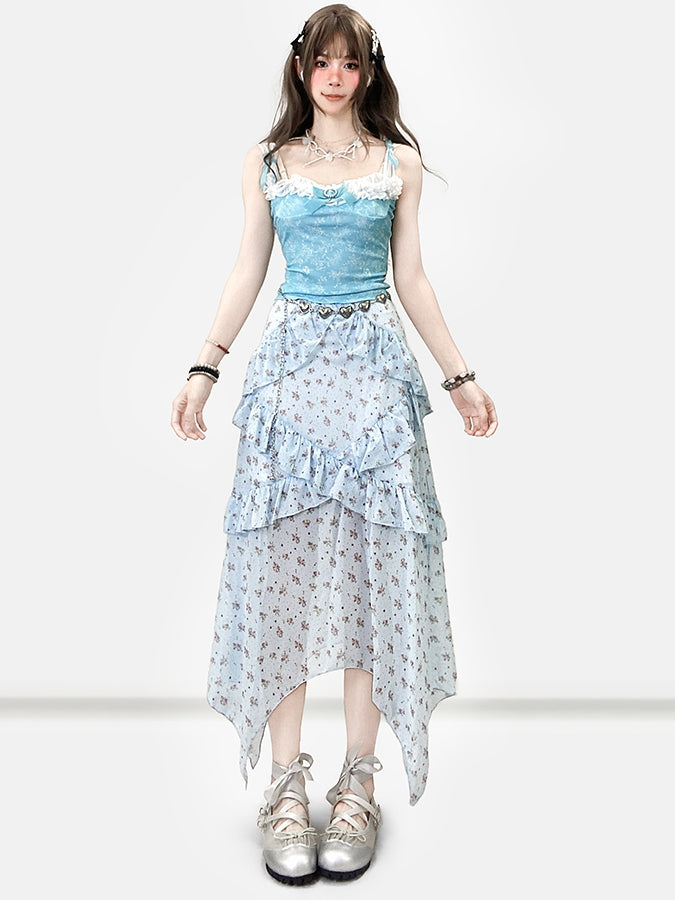 Top Holiday Trim Floral Bowknot + Details Cami Ruffles Blue