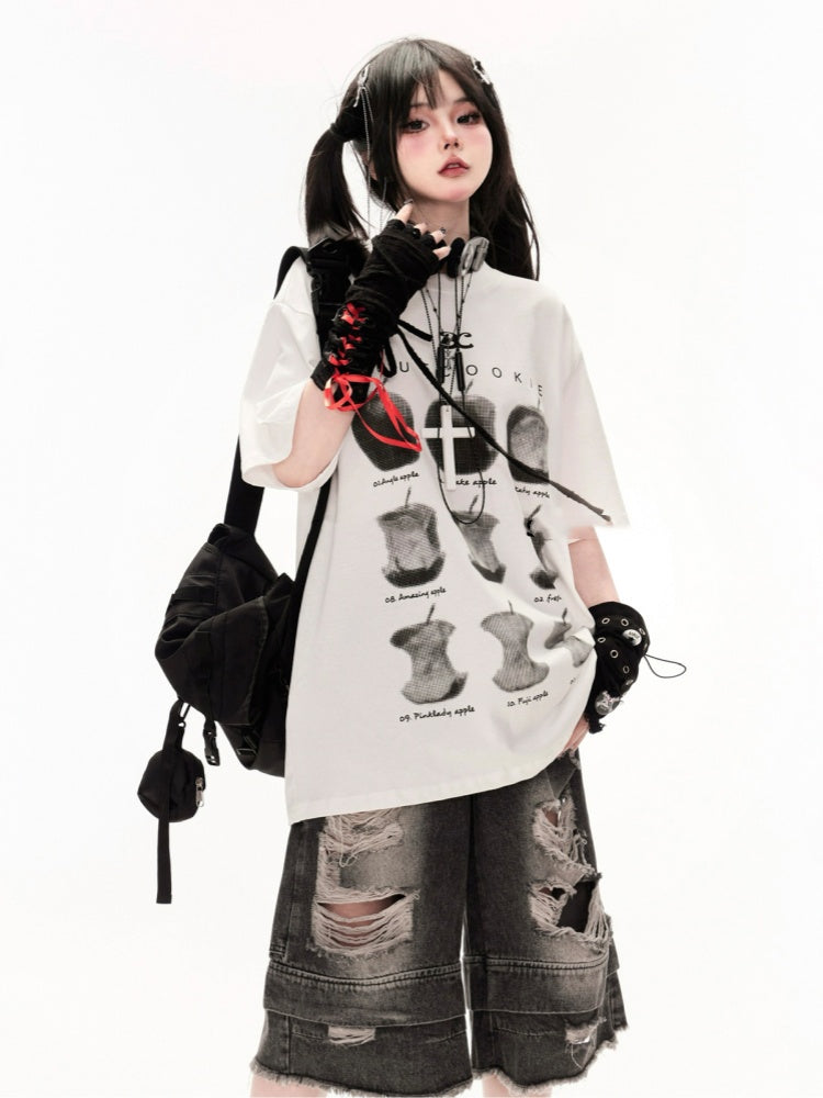 T-Shirt White Round Neck Apple Print Loose