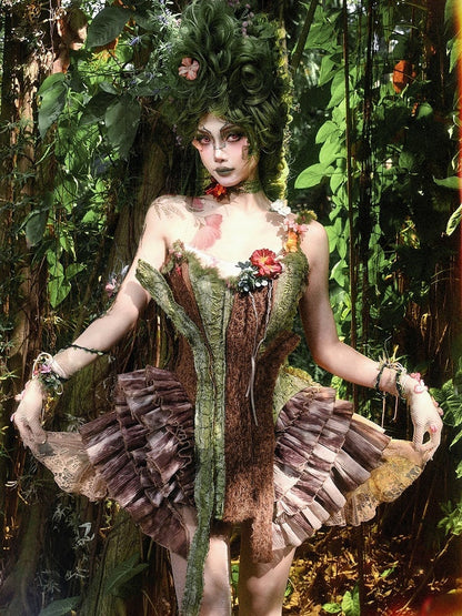 and Branch Corset Brown Forest Green Goth Fairy Asymmetrical Design
