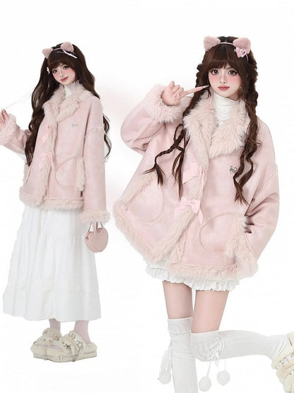 Pink Bowknot Detail Faux Fur Trim Thick Coat