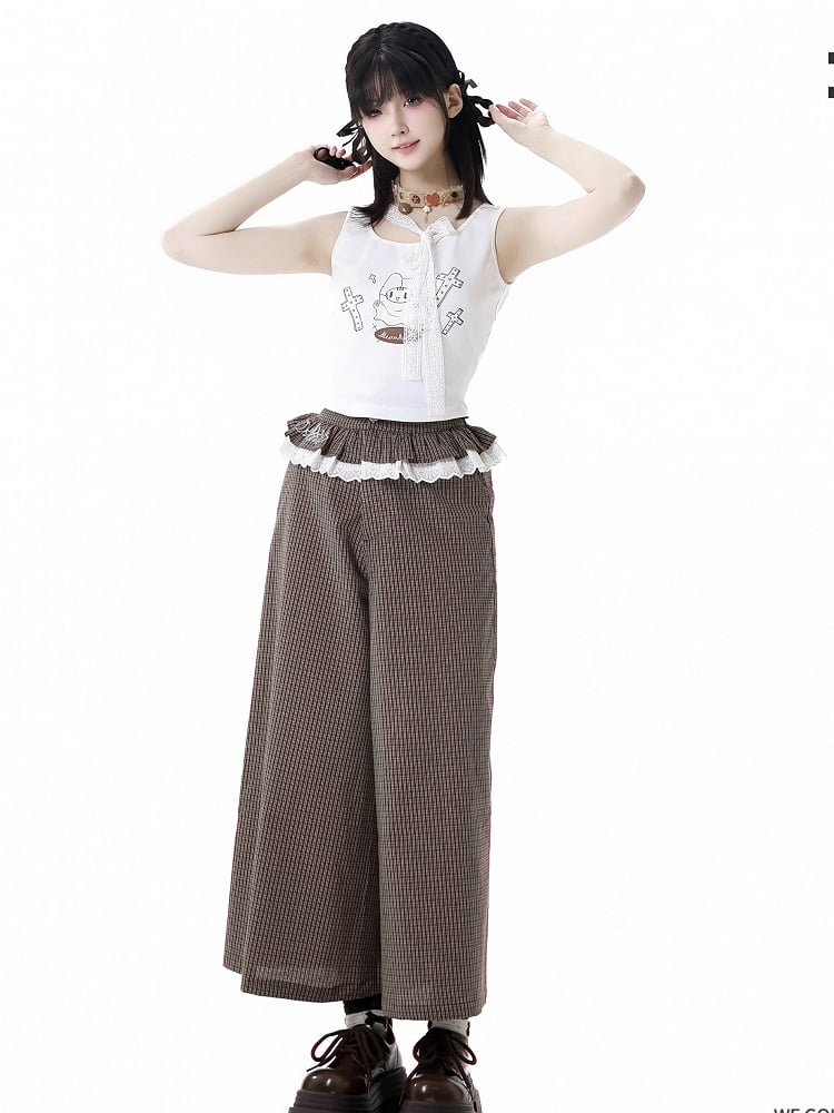 Ruffled Lace Trim Waist Wide-Leg Pants Brown Plaid
