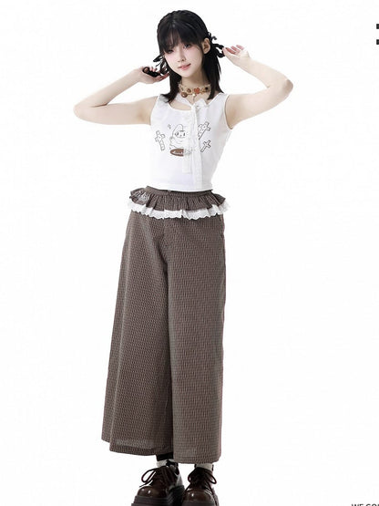 Ruffled Lace Trim Waist Wide-Leg Pants Brown Plaid