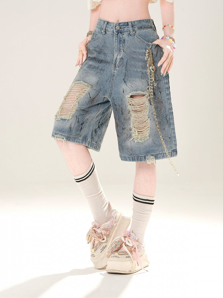 Blue Distressed Holes Straight-Leg Denim Shorts