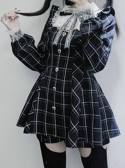 Verziertes Minikleid + Shorts Herzförmige Taille Flatter Jirai Kei Schwarz Weiß Kariertes Set mit hohen Ärmeln