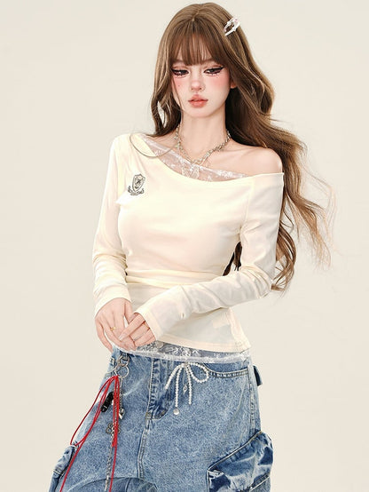 Apricot/Royal Blue Lace Accents Asymmetrical Neckline Slim-fit Top
