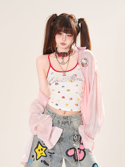 Sonnenschutz-Shirt mit Herzmotiv in Rosa/Aprikose und Rüschenschleife auf der Rückseite