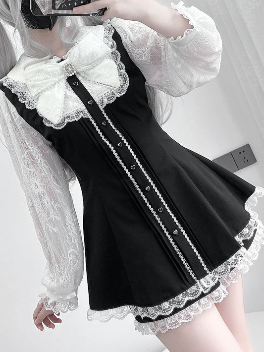 Jirai Kleid Kei Tailliertes Mini mit weißen Ärmeln Spitze Schwarz