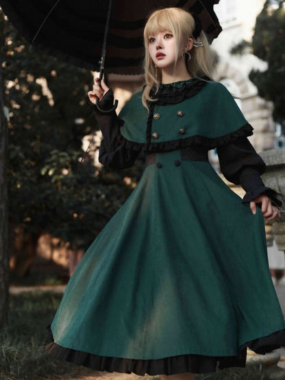 Dark Academia Green and Black Leg-of-Mutton Sleeves Lolita Dress