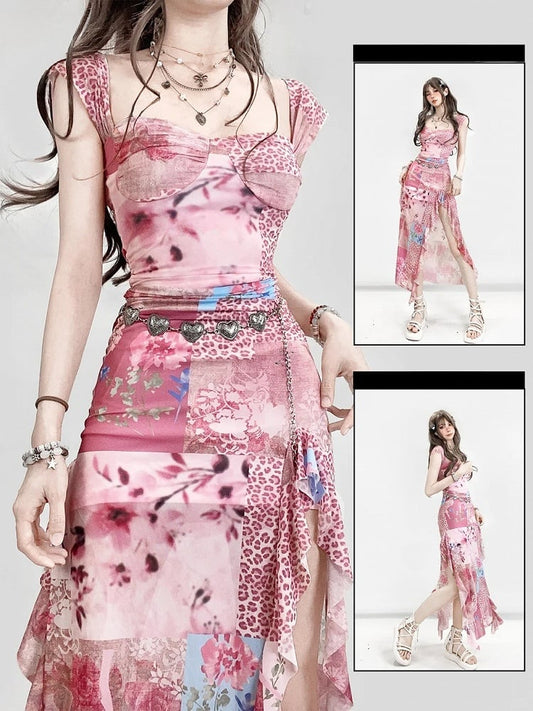 Bittersweet Floral Leopard Print Dress Thigh-high Pink Slit Glamorous