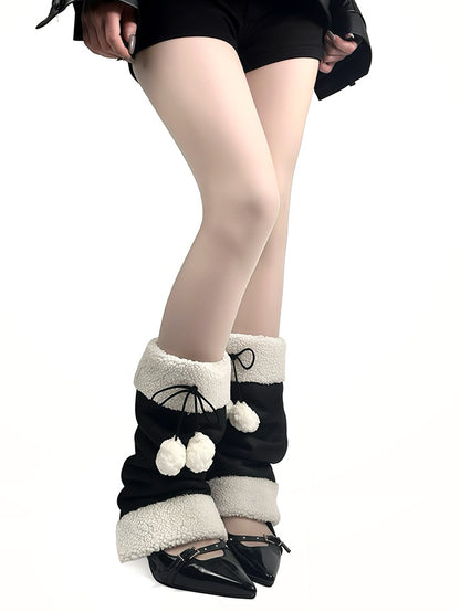 Black Y2K Bowknot Plush Cuffs Leg Warmers With Pompons