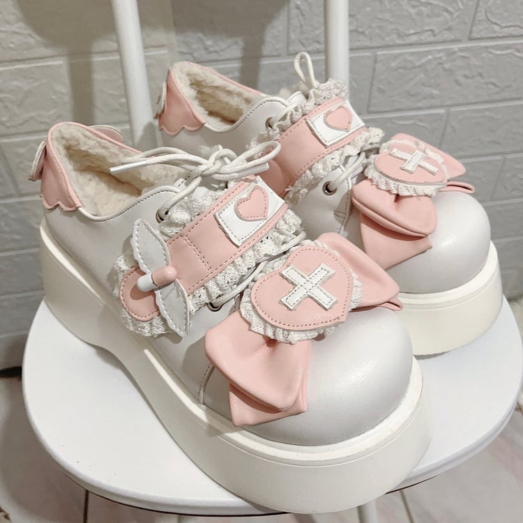 Jirai Kei Pink Yami Kawaii Cross Bowknot Lace-up Detail Platform Shoes