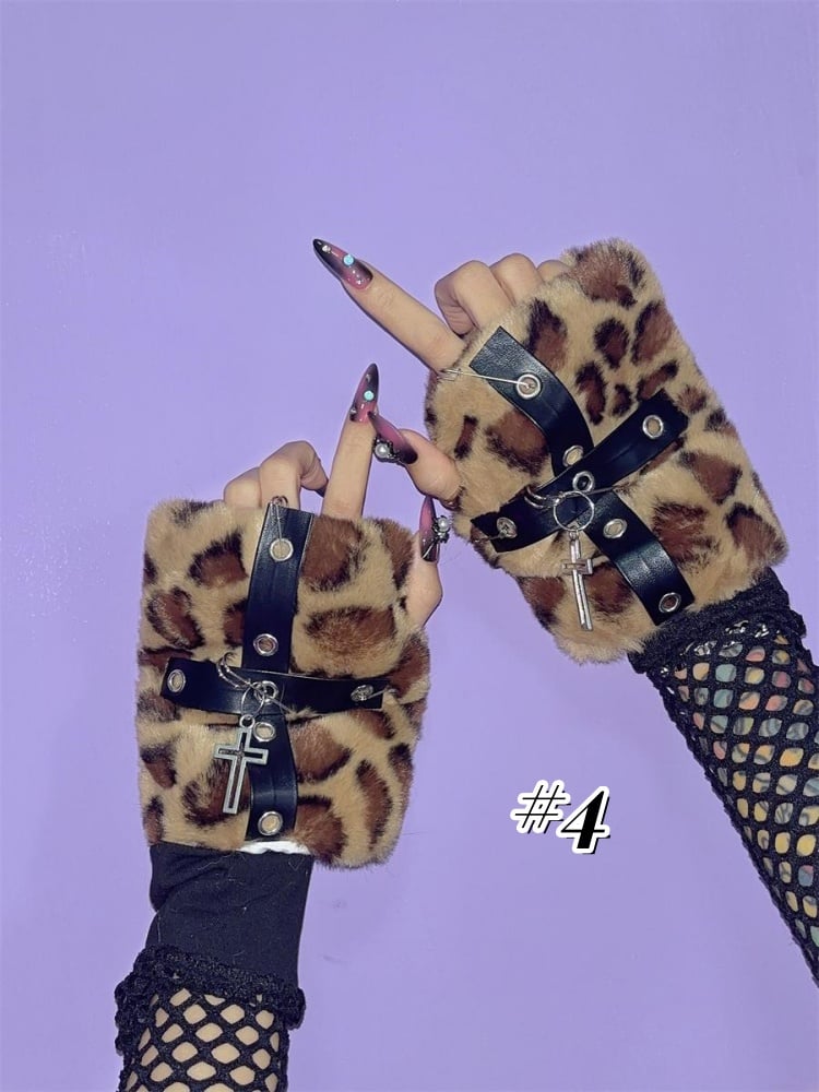 Gothic Cross Charms Leopard Half Finger Gloves