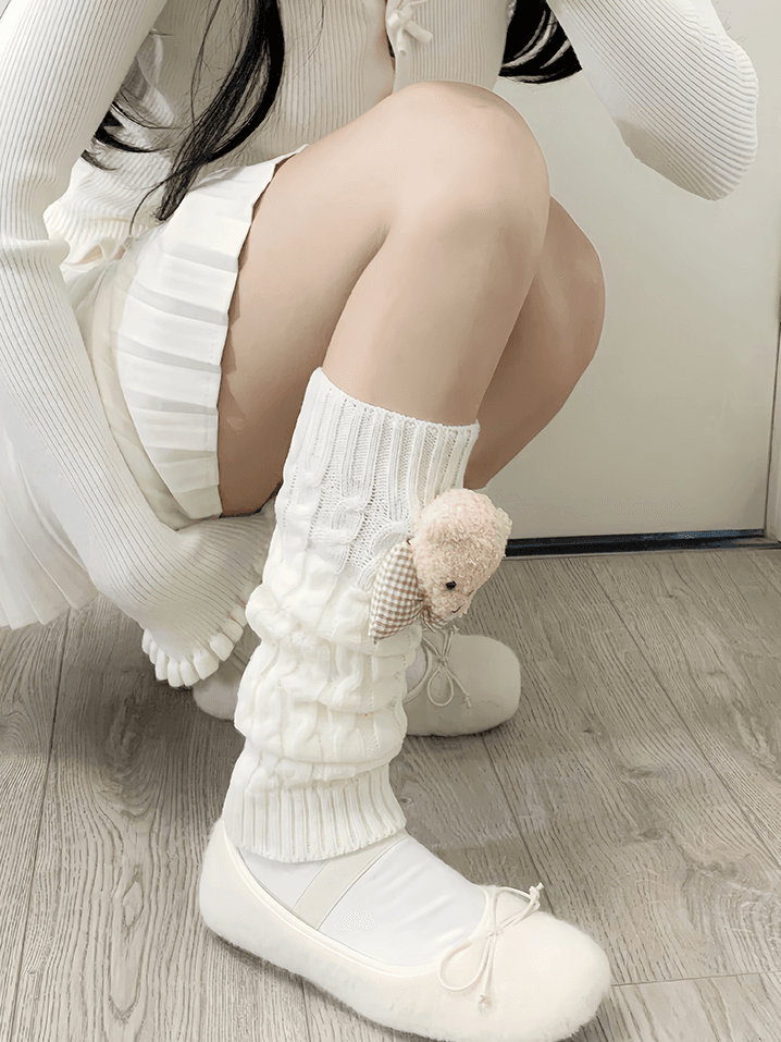Jambières tricotées blanc lait Y2K avec peluche ours