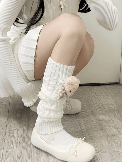 Jambières tricotées blanc lait Y2K avec peluche ours
