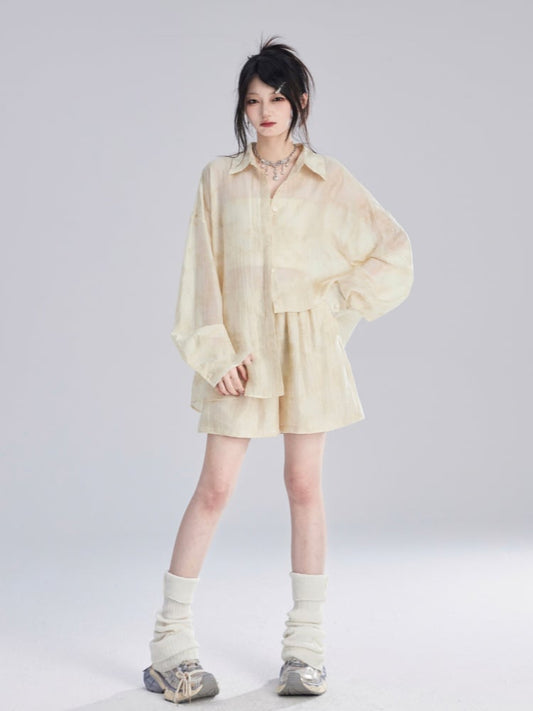 Apricot Semi-Sheer Sun Protection Shirt/Loose Shorts
