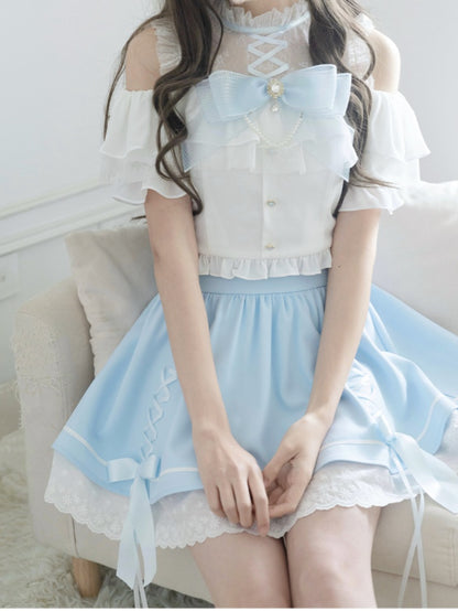 Illusion Skirt Shoulder Blue Criss-cross Open White Design Top+ Neckline Kei Set Jirai