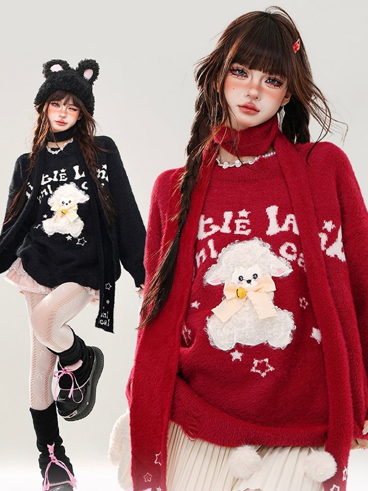 Red/Black Cute Lamb Appliques Loose Sweater with Free Scarf