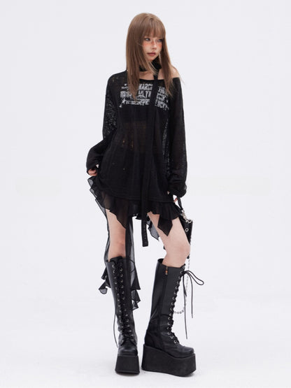 Scarf Free Printed Knitted Top with Black Asymmetrical  Hem Hollow-out