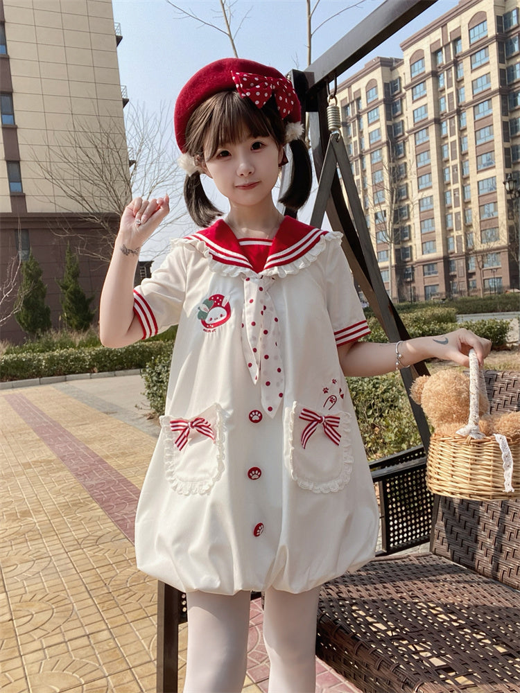 Pink/Red Bubble Adorable Bunny Ear Design Ruffled Sailor Collar Skirt Dress