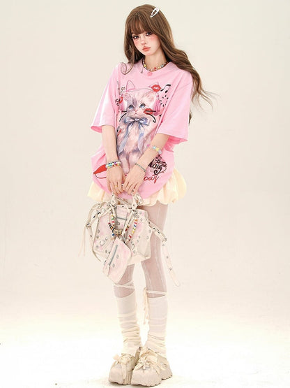 Apricot/Pink Sweet Cat Loose T-shirt