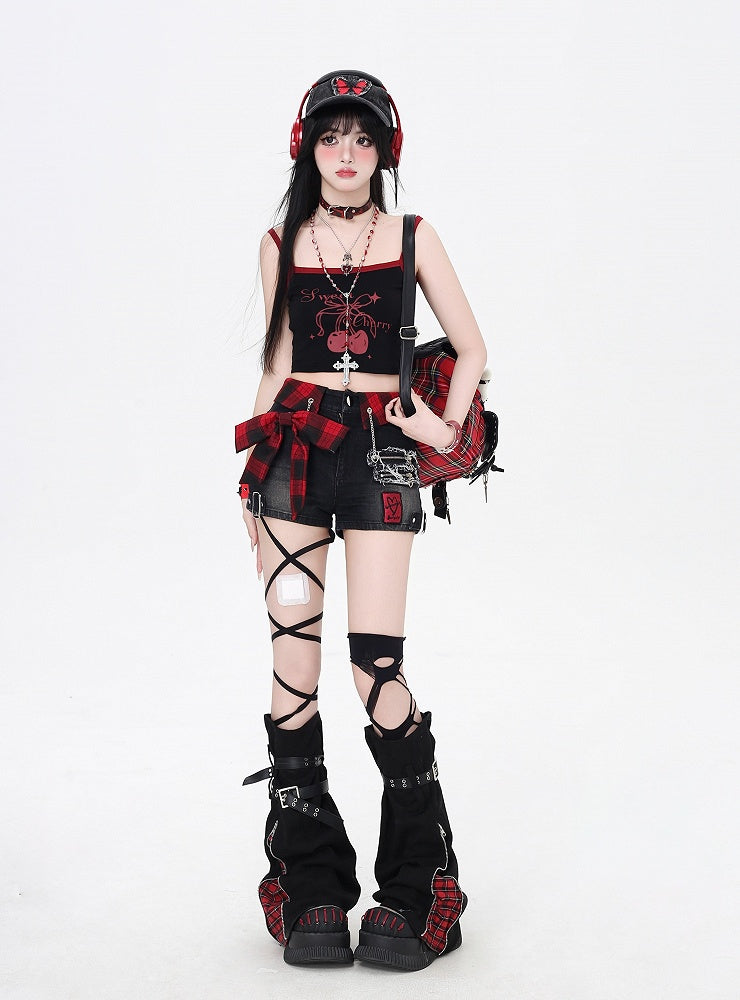 Red Denim Shorts Plaid Bowknot Black Glamorous