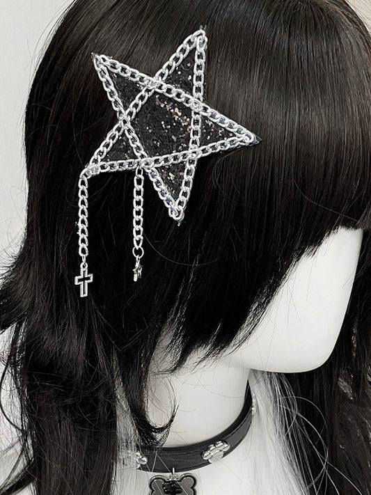 Rhinestone Black/Pink Cross Hairclip Charm Star