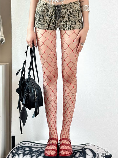 Red/Black Tights Fishnet Decorated Y2K Rhinestone Design