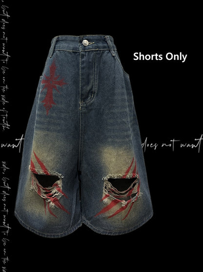 Print Blue Faded Holes Scratch Wash Distressed Wide-leg Denim Shorts