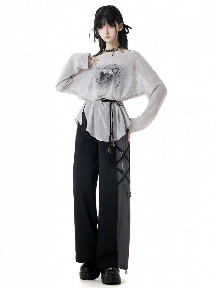 Three Set Strap Bunny Print Coverup+Cami Top +Self-tie Gray Off-the-shoulder Pieces