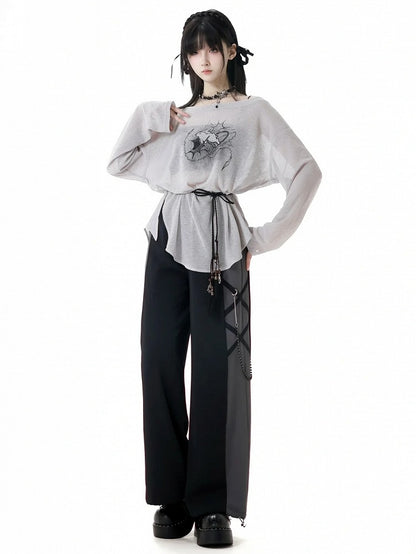Three Set Strap Bunny Print Coverup+Cami Top +Self-tie Gray Off-the-shoulder Pieces