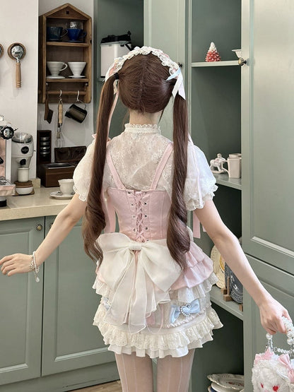 Skirt Lolita + Accents Puff Pink Full Sleeves and Set Cami Sweet - Top Cropped Bow Blue