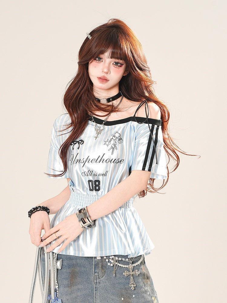Asymmetrischer Ausschnitt, gestreiftes T-Shirt, gesmokt, elastische Taille, Blokette, Kernschwarz/Blau