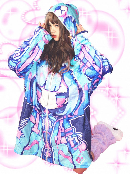 Blueberry Y2K Blaue Kapuzenjacke mit Bären-Print, Cartoon