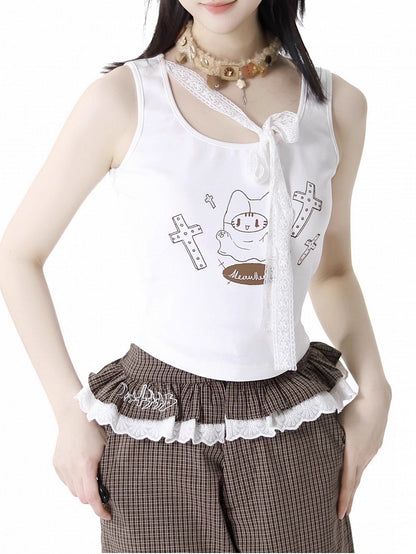 with Self-tie Strap White Cat Print Tank Top Neckline