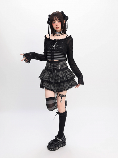 Black and Gray Plaid Lace-up Waist Tiered Skirt