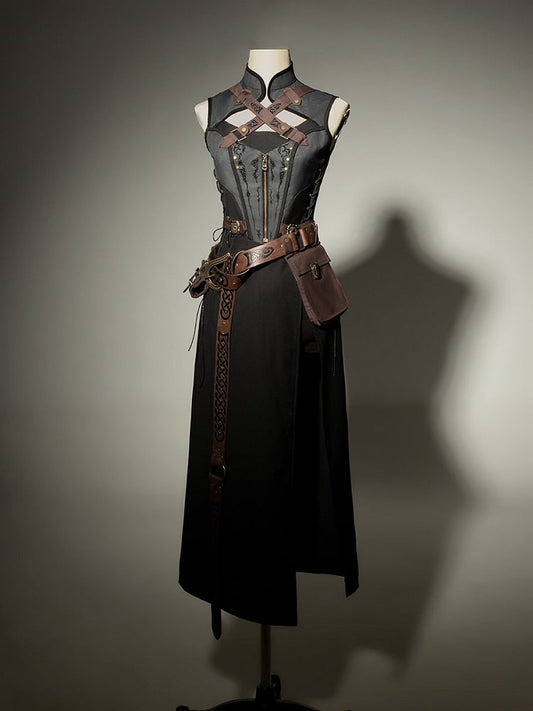 Side Collar and Buckle Straps Dress Sleeveless Banded Black Gray Crisscross Slit