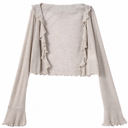 Ruffle Trim Open Placket Cardigan Grey