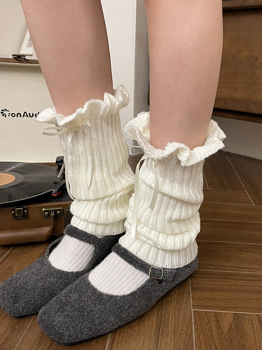 White Sweet Bowknot Knitted  Leg Warmers